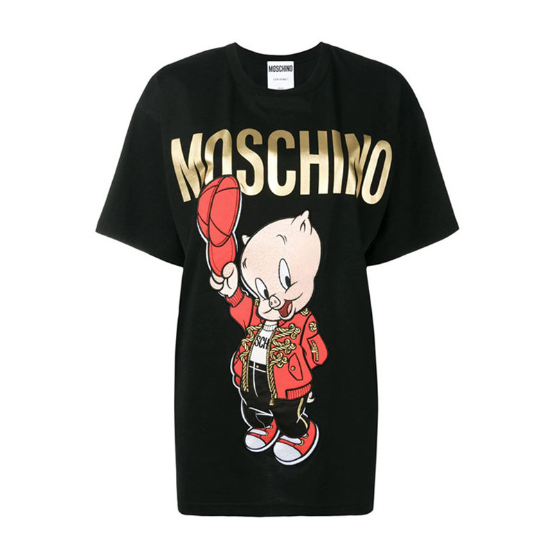 Moschino/莫斯奇诺新款猪小弟刺绣宽松版短袖T恤男女同款D1A0779