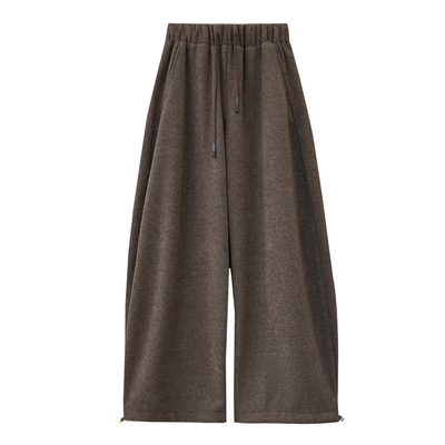 高级感百搭磨毛加绒加厚休闲裤冬季松紧腰阔腿束脚两穿毛呢长裤女