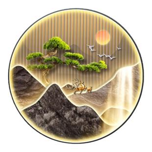 流水生财玄关装饰画高级感圆形灯画客厅大气山水挂画餐厅走道壁画
