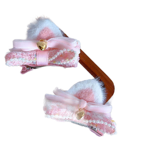 女童猫耳朵发夹儿童发饰古风粉色可爱公主风毛毛球流苏新中式对夹