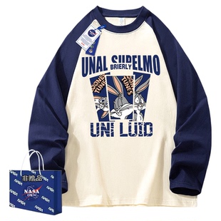 NASA联名纯棉拼色插肩长袖t恤男女秋季新款韩版设计感小众上衣潮