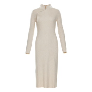 花木深新中式改良旗袍女新款复古长袖内搭打底裙子国风针织连衣裙