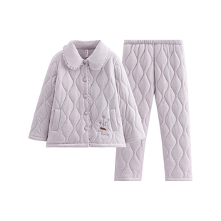 芬腾女士睡衣珊瑚绒夹棉袄冬季三层加厚套装女款抗静电加绒家居服