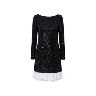 TOP家 暗夜流光 法式复古重工亮片刺绣 撞色拼接双层荷叶摆连衣裙