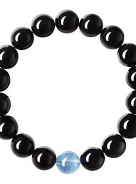 天然黑曜石手串男女时尚百搭款海蓝宝转运珠水晶手链饰品朋友礼物