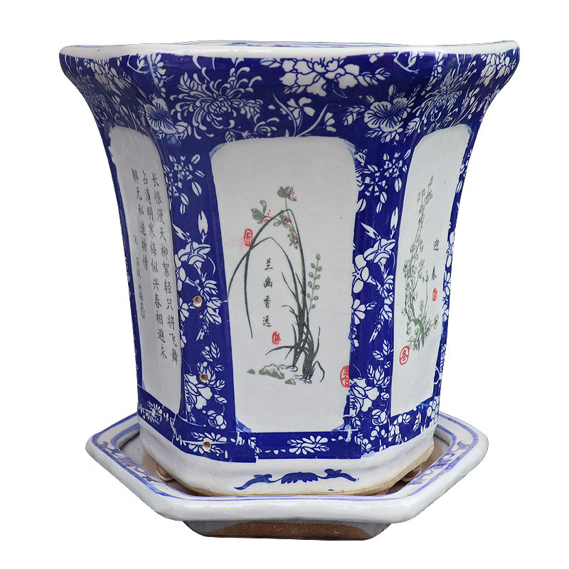 带托盘景德镇青花瓷花盆新中式