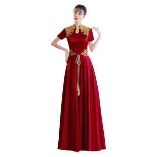 红色晚礼服裙2023新款高端年会主持人颁奖合唱演出服装女宴会气质