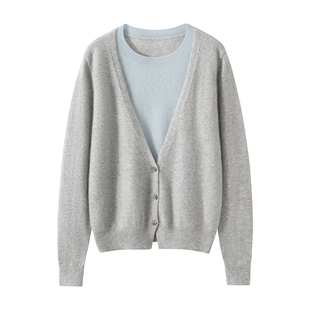 秋冬圆领羊绒衫女100纯山羊绒开衫外套设计感小众假两件撞色毛衣