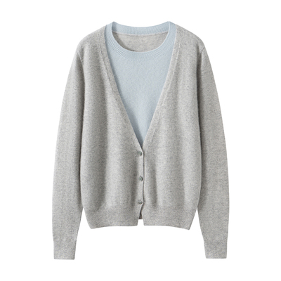 秋冬圆领羊绒衫女100纯山羊绒开衫外套设计感小众假两件撞色毛衣