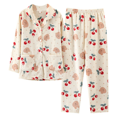 珊瑚绒加绒加厚睡衣女卡通套装