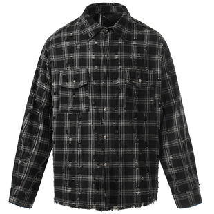 OV原创/美式复古格纹破洞做旧衬衫女oversized男友风毛边长袖外套