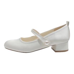 真皮~骄屿法式粗跟浅口单鞋女2026春新款一字带珍珠通勤玛丽珍鞋