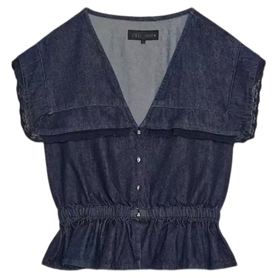 水手领工业风蕾丝软质牛仔衬衫