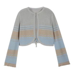 松弛假日丨MSLAN26春新 清新拼色毛织外套蓝色镂空开衫MGCW305