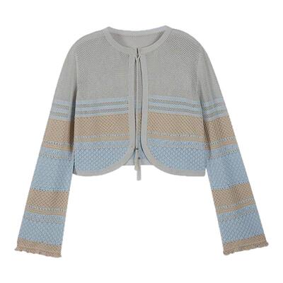 松弛假日丨MSLAN26春新 清新拼色毛织外套蓝色镂空开衫MGCW305