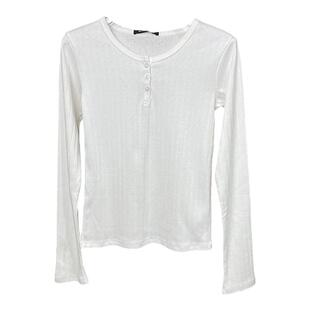 纯欲风镂空亨利领三粒扣修身长袖T恤女棉打底衫bm百搭纯色短上衣