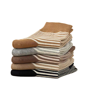 袜子女2025新款爆款秋冬纯棉透气无骨不起球复古棕色条纹长筒袜