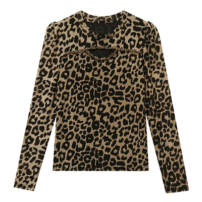 欧货豹纹网纱加绒加厚打底衫女