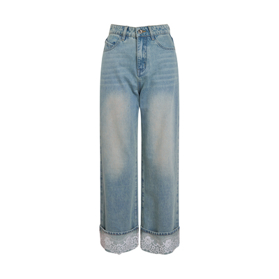波浪蕾丝卷边高腰阔腿牛仔裤长裤
