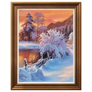 风色雪后初阳签名限量版欧式美式雪树风景油画玄关走廊客厅装饰画
