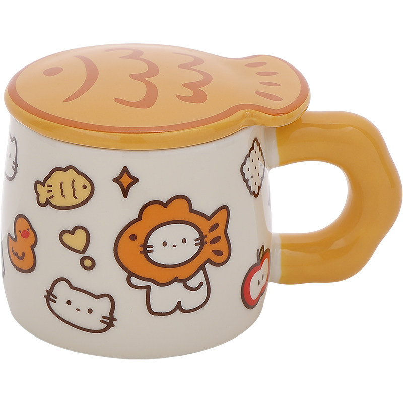 鲷鱼烧马克杯带盖咖啡杯办公室可爱小猫杯子女生日礼物水杯早餐杯