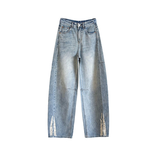 12平方88095蓝色裤脚破洞元素弯刀牛仔裤女松弛感百搭显瘦阔腿裤
