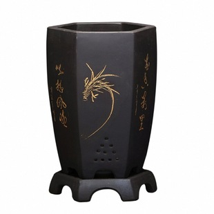 紫砂兰花盆中号精品刻绘陶瓷六方蝴蝶兰君子兰春墨蕙达摩建兰包邮