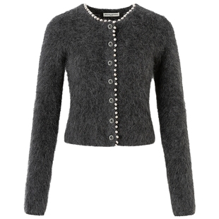 DIANA VEVINA秋冬新款马海毛灰色钉珠开衫修身珠子装饰毛针织衫