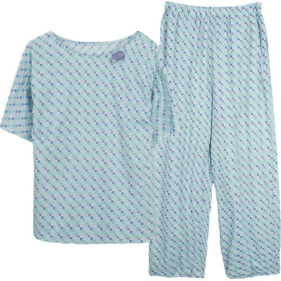 朵朵可可女纯棉格子短袖长裤睡衣