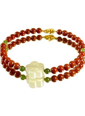 「花开富贵」天然南红玛瑙和田玉手串蛇年本命年如意扣女款手链