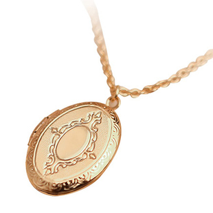 N-8复古着爱心形浮雕雕花巴洛克美国14K包金相盒项链锁骨链女