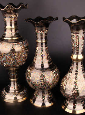 巴基斯坦铜器铜雕花瓶仿古典艺术手工雕刻铜花瓶玄关家居摆设铜瓶