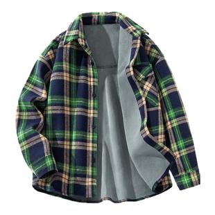 史努比男童加绒衬衫2025新款薄绒男大童格子衫男孩衬衣儿童外套冬