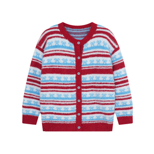 YUZI复古条纹针织开衫红蓝撞色软糯亲肤温柔宽松秋冬毛衣大码女装