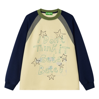 美式撞色拼接插肩圆领长袖T恤