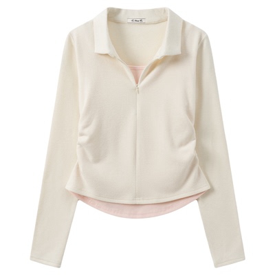 甜妹半拉链假两件翻领加绒长袖