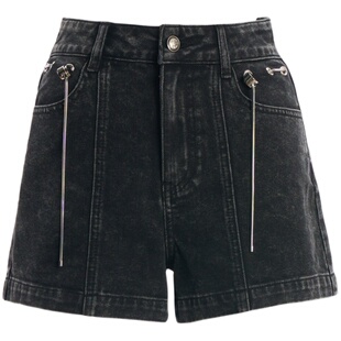 【商场同款】曼诺比菲秋季个性裤袋纽扣设计牛仔裤短款