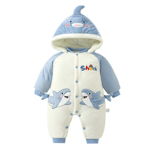 0-3岁新生儿衣服秋冬保暖宝宝连体棉服加厚加绒外出抱衣鲨鱼卡通