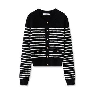 【商场同款】LILY新款经典立体条纹绞花修身针织开衫女短款