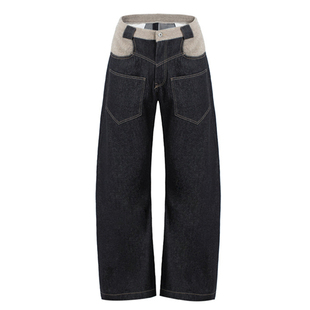 RuleByMe“围巾”羊毛感拼接弯刀弧线廓形微喇冈山原牛窄幅牛仔裤