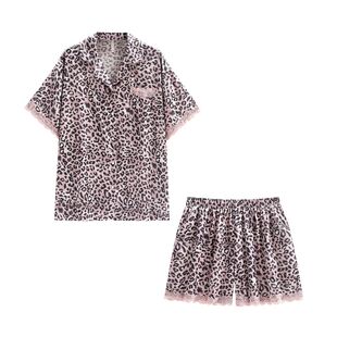 悦内睡衣女夏季夏款冰丝家居服镂空蕾丝花边粉色豹纹时尚休闲套装