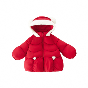 女童中长款羽绒棉棉服红色儿童连帽棉衣韩版宝宝卡通外套冬装新年