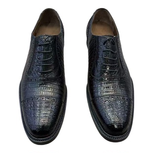 牛货 进口鸵鸟脚皮加蜥蜴皮系带商务正装皮鞋男尖头英伦风德比鞋