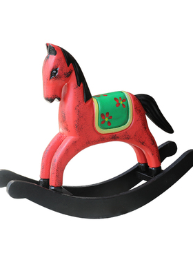 北欧简约木质工艺品客厅办公装饰品创意家居木质红色摇马动物摆件