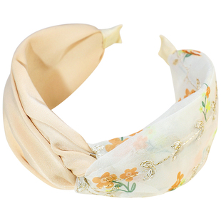 超仙奶杏黄色碎花发箍头箍宽版欧根纱甜美法式复古发卡小清新发饰