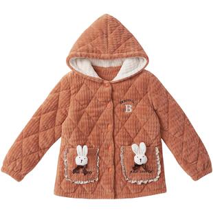 圆人珊瑚绒夹棉睡衣女秋冬加厚保暖三层法兰绒上衣单件装连帽外套