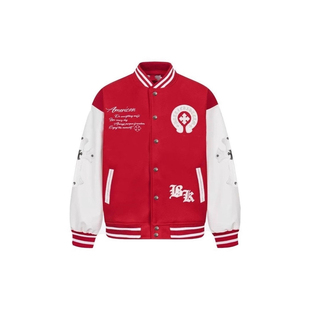 美式十字架刺绣皮袖棒球服男女春秋宽松潮牌拼色夹克情侣重磅外套