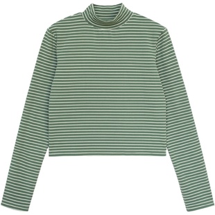 花吉B248黑白条纹半高领百搭短款打底T恤女2025新款秋长袖打底衫