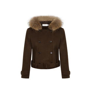 Kroche Geek chic 毛领双排扣短款毛呢羊毛大衣正肩连帽外套