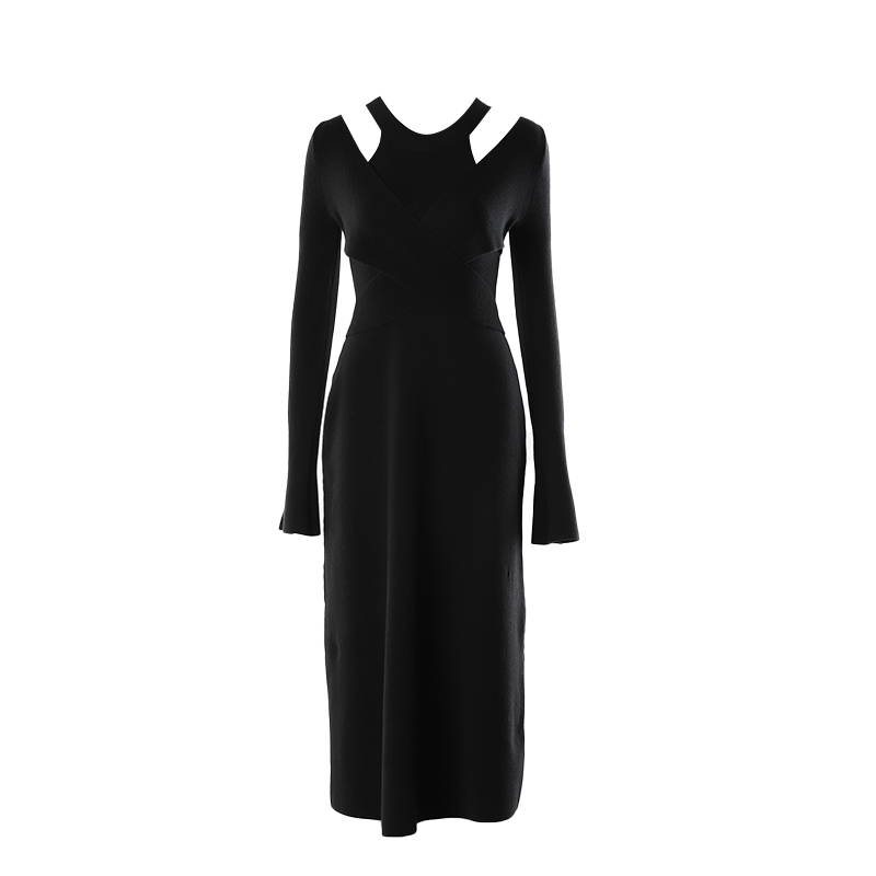 DPLAY2025年秋季新款气质黑色连衣裙女修身针织长款小黑裙长裙